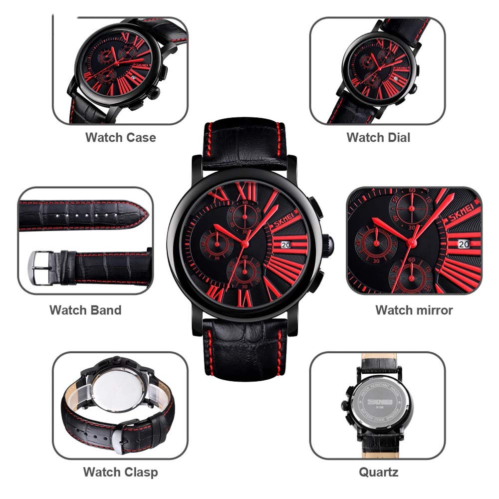 MASTOP Orologio da polso analogico al quarzo da uomo, sportivo, impermeabile, con data, in pelle