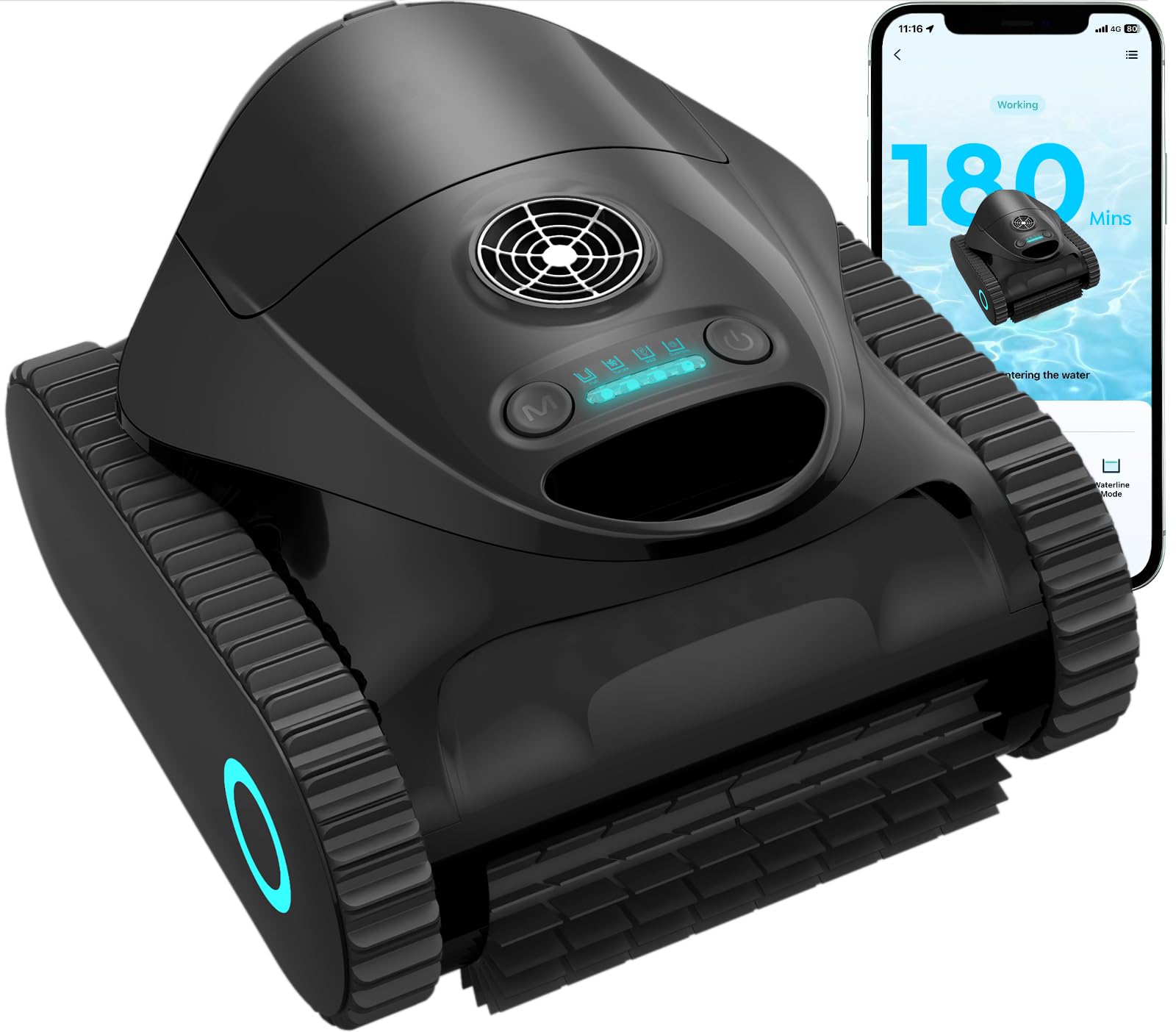 C1 Robot Limpiafondos Piscina,Paredes,Línea y Plataformas,Autonomía 180 min, Doble Filtración, 3 Motores, Succión Potente, Control por App, Robot Piscina Inalámbrico 150㎡,Nero Opaco
