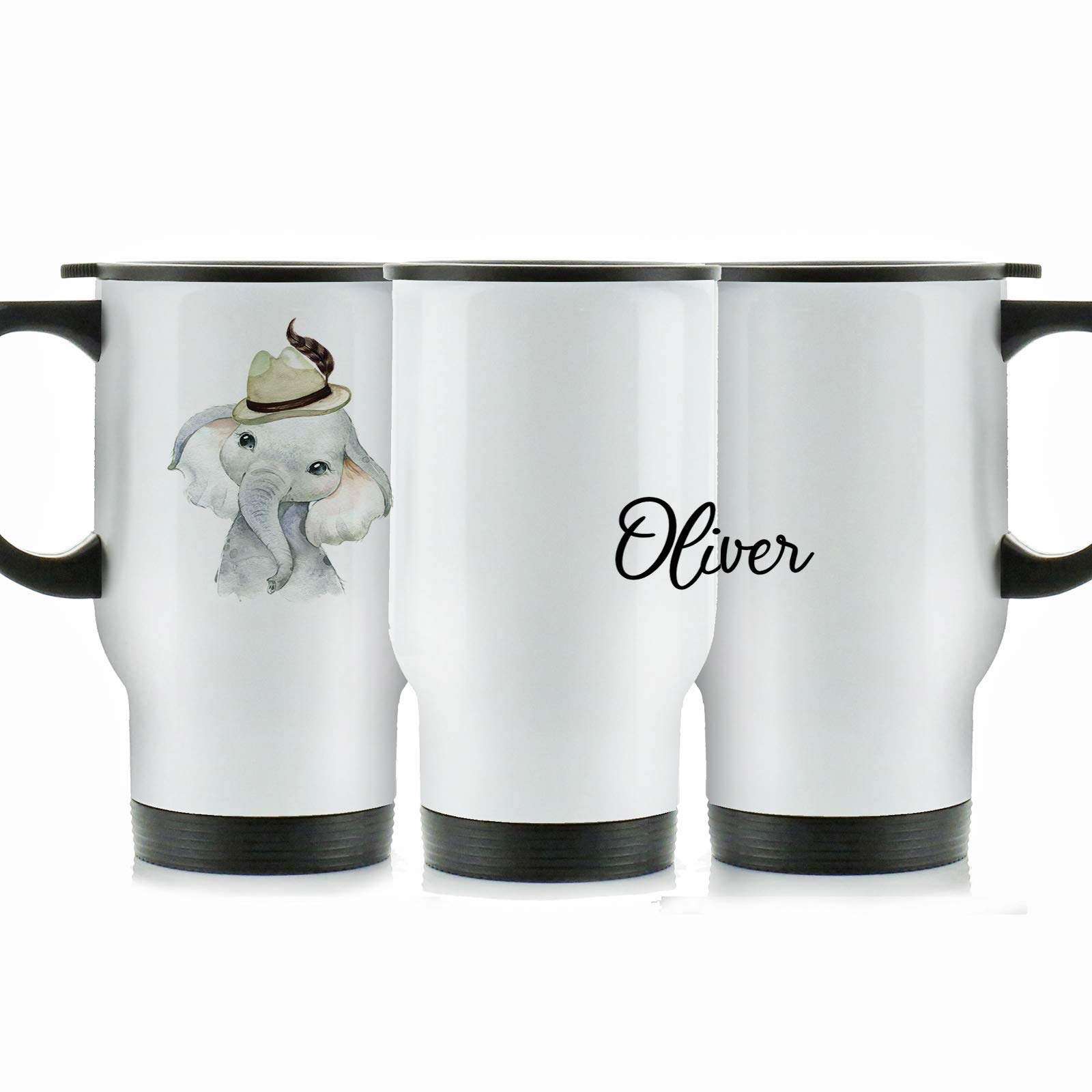 Hairyworm Personalised Travel Mug, 400ml White Stainless Steel Travel Mug with Handle, Customised with Initial/Name, Grey Elephant Feather Hat Design Print