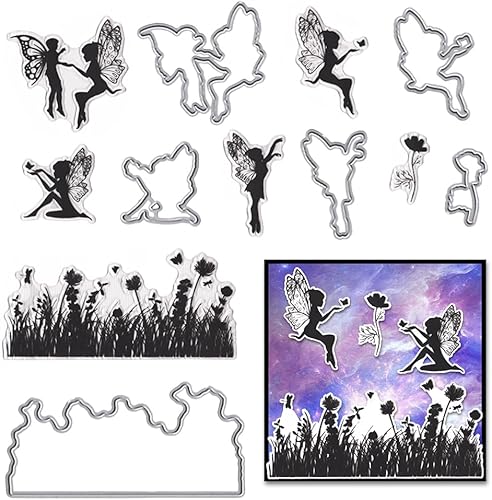 Hying Sellos y troqueles transparentes de mariposa para hacer tarjetas, alas de princesa para niñas, sellos de goma de césped floral, corte de hada