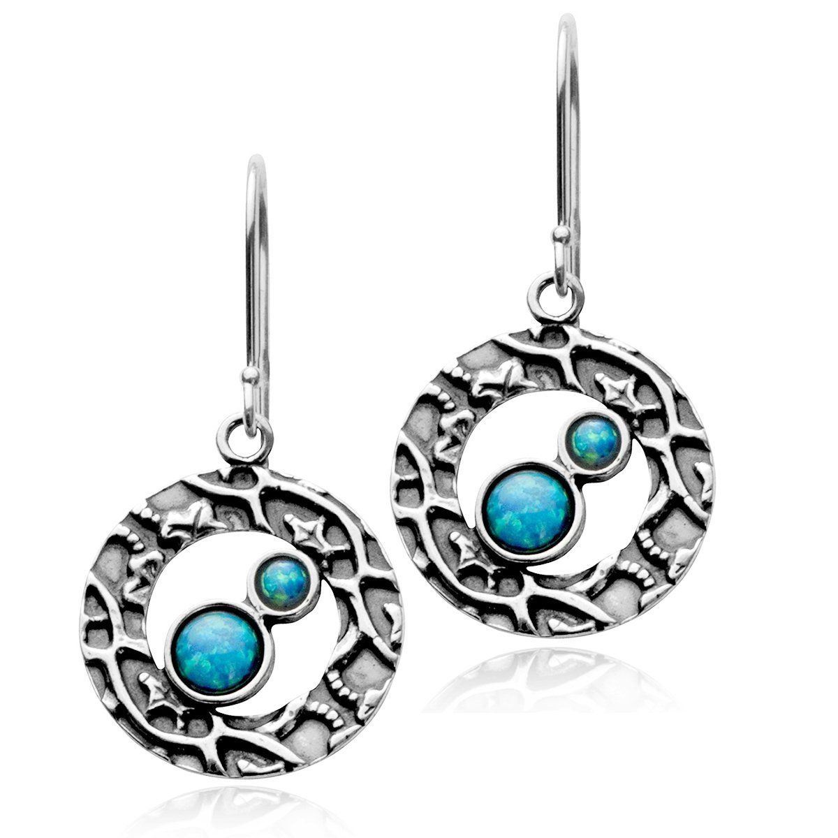 Stera Jewelry Textured 925 Sterling Silver Circle Earrings with 2 Round Created Blue Fire Opals Earring