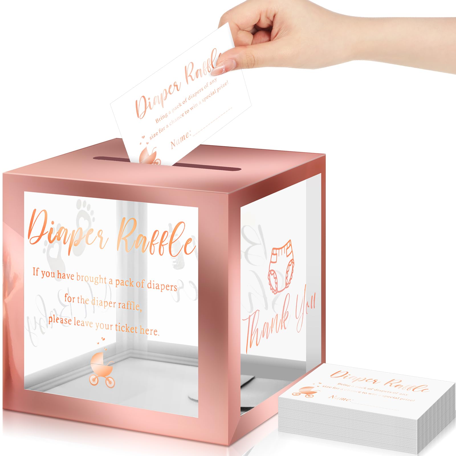 Funrous 51 Pcs Diaper Raffle Box with Tickets, Clear Rose Gold