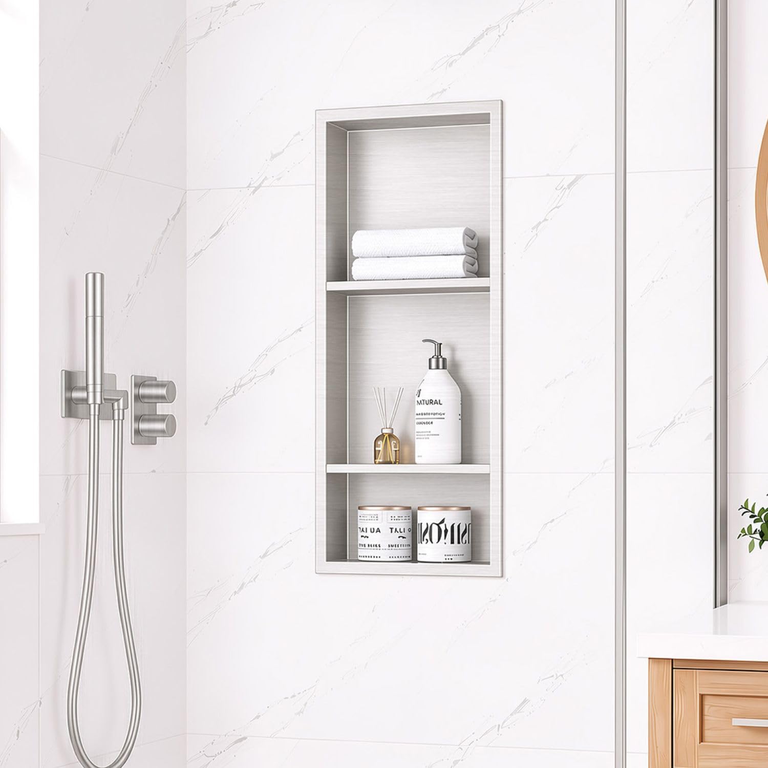 30 x 12 Inch Stainless Steel Shower Niche, No Tile Needed Wall Niche with 3- Tier Shelves, Recessed Wall Niche Insert for Bathroom Shower Kitchen Storage, Brushed Nickel