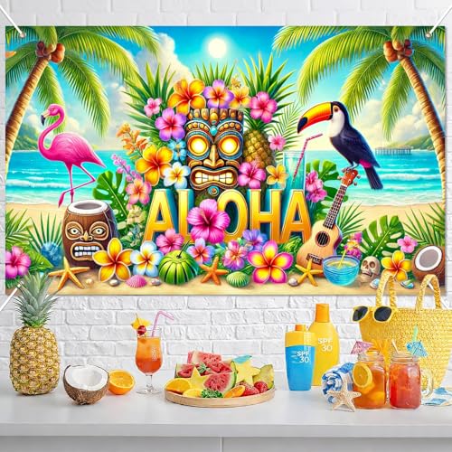 Image of BlissYard Aloha Banner 71 x 43 Inch Hawaiian Luau Backdrop Tiki Mask Flamingo Toucan Tropical Beach Summer Party Decorations Photo Booth Background Wall Decor