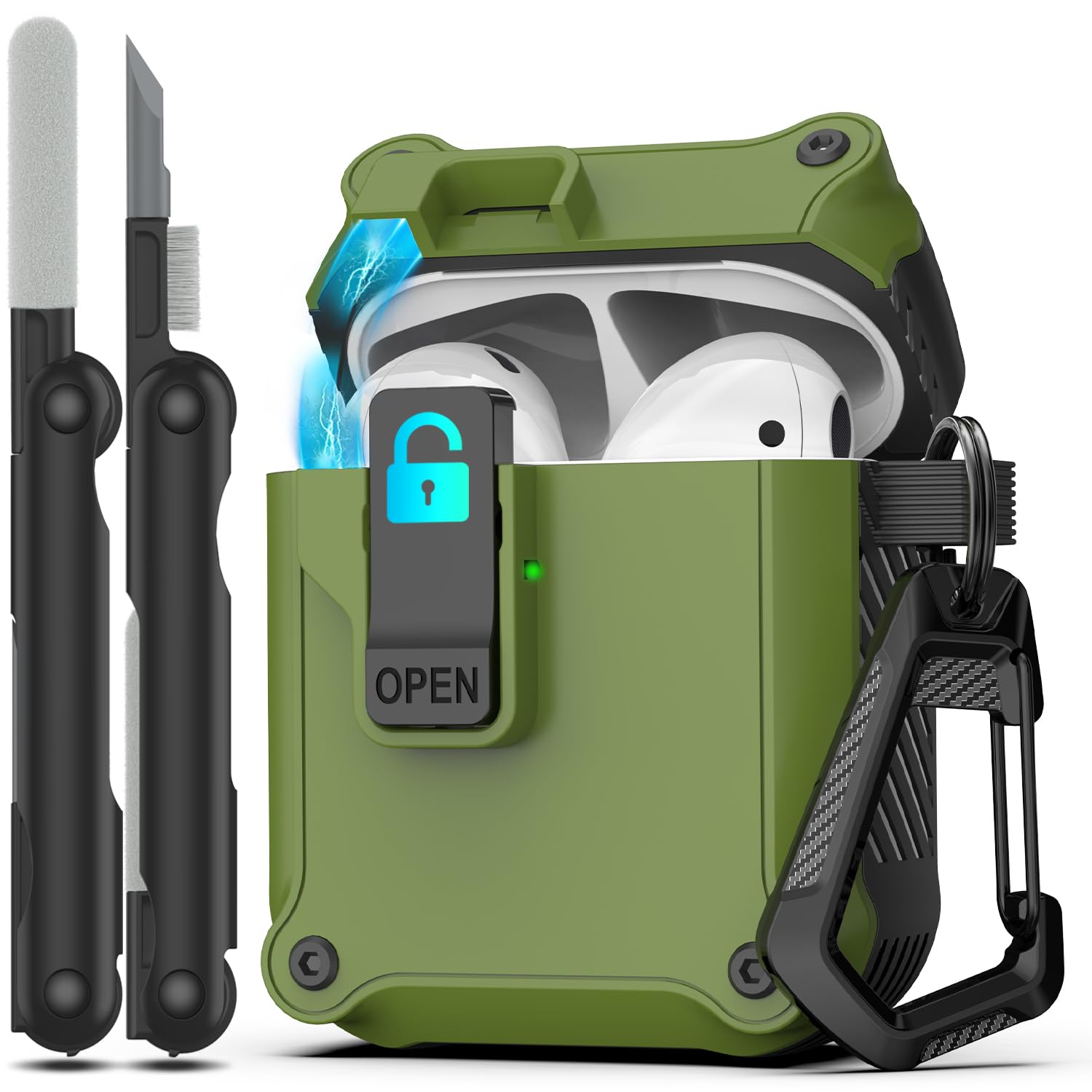 RFUNGUANGO for Airpods 2nd and 1st Generation Protective Cases Automatic Pop-up with Safety Lock Clip, Full Body Shockproof Hard Case with Keychain (