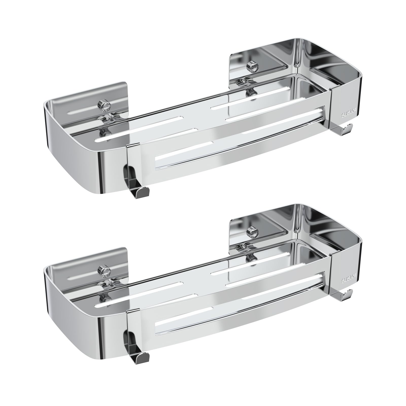 Strength Enemy Estanteria Baño, Estante Ducha sin Taladro de Acero Inoxidable 304 con 4 Ganchos, Estantería Ducha Cocina, Accesorios de Baño Autoadhesivos, Plata 2 Paquete