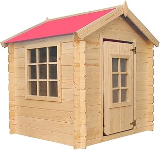 Timbela M570R-1 Wooden Children's Playhouse - Outdoor Playhouse for Children - 111 x 113 x H 121 cm / 0.9 m2 Garden Playhouse - Garden Summer House for Children (The Roof Colour is Red)