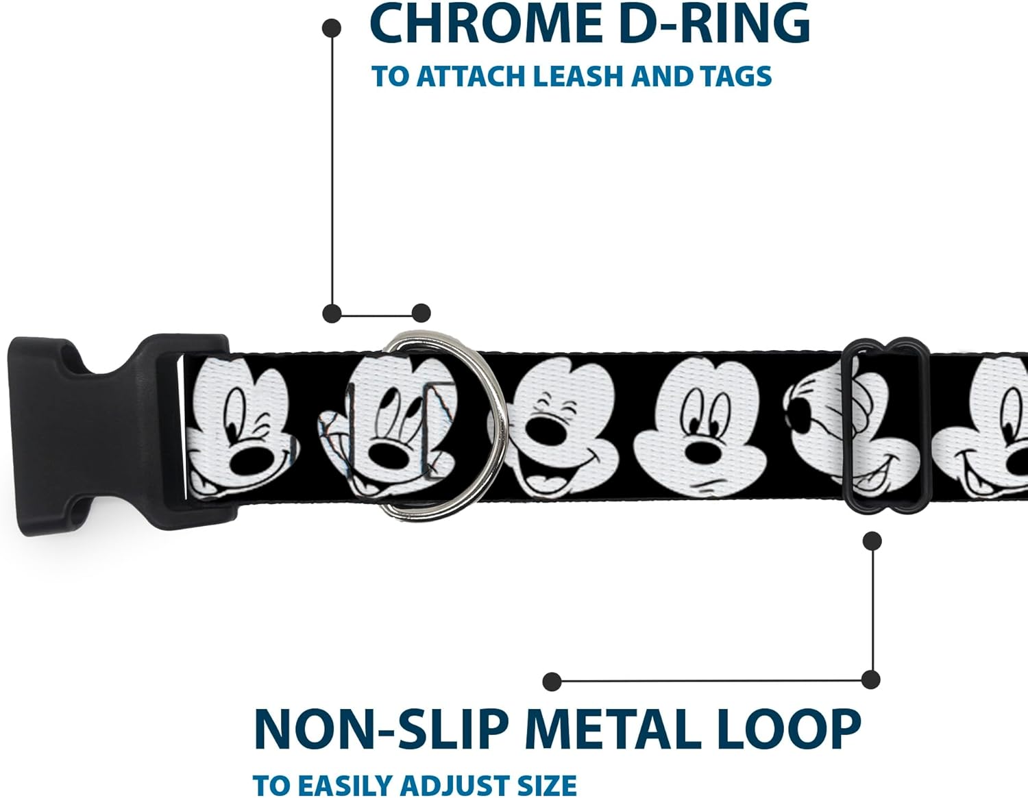 Buckle-Down Plastic Clip Collar - Mickey Mouse Expressions CLOSE-UP Black/White - 1.5" Wide - Fits 18-32" Neck - Large