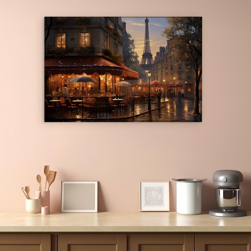 Canvas for Living room. Midnight Serenade in Paris - A Cozy Cafe Under the Eiffel Tower's Glow, 27 x 18 inch Canvas Wall Art - Modern Home Decor
