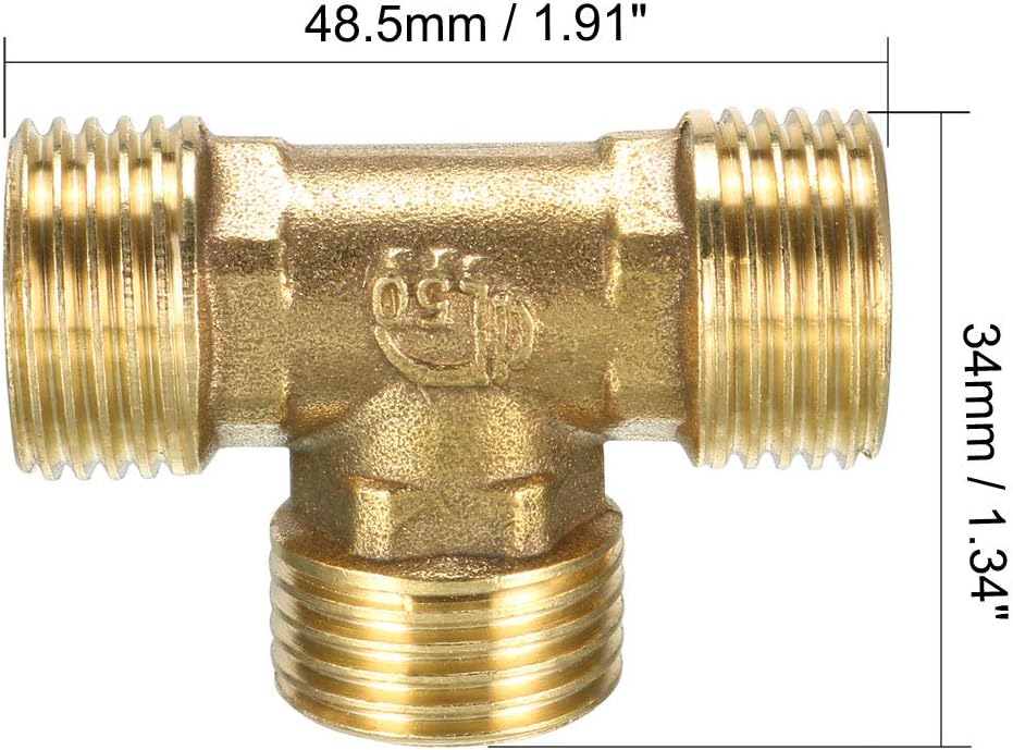 uxcell Brass Tee Pipe Fitting 1/2 PT Male Thread T Shaped Connector Coupler 2pcs