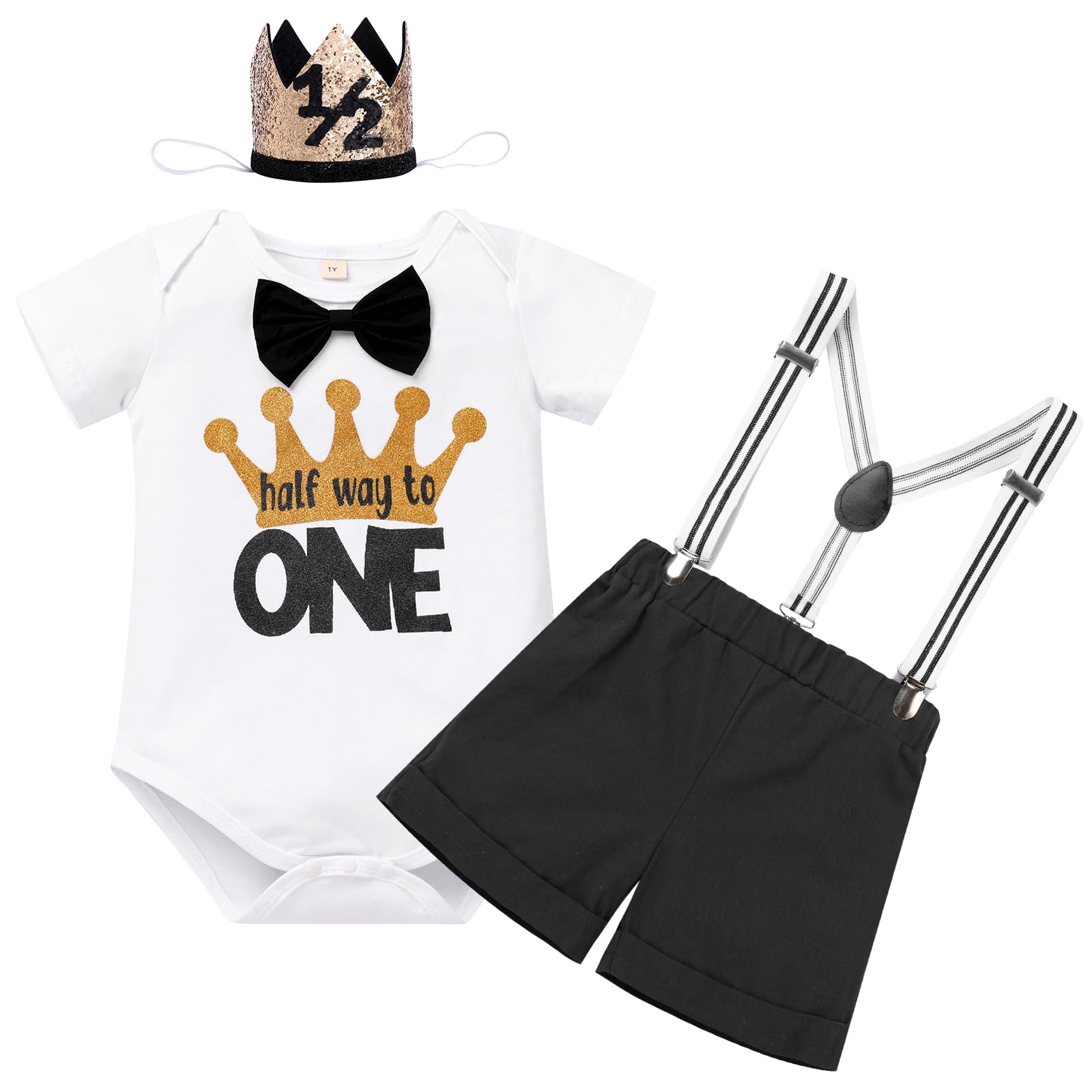 IBTOM CASTLE Baby Boy 1/2 Birthday Outfit Bowtie Romper+Suspenders+Shorts+Crown Half Way to One Cake Smash Photo Shoot Outfit