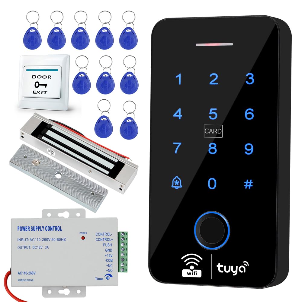 Kit de sistema de control de acceso WiFi Tuya con teclado de huellas dactilares impermeable IP68, bloqueo magnético en modo NC (180 kg/350 libras), 10 llaveros RFID de 125 KHz, fuente de