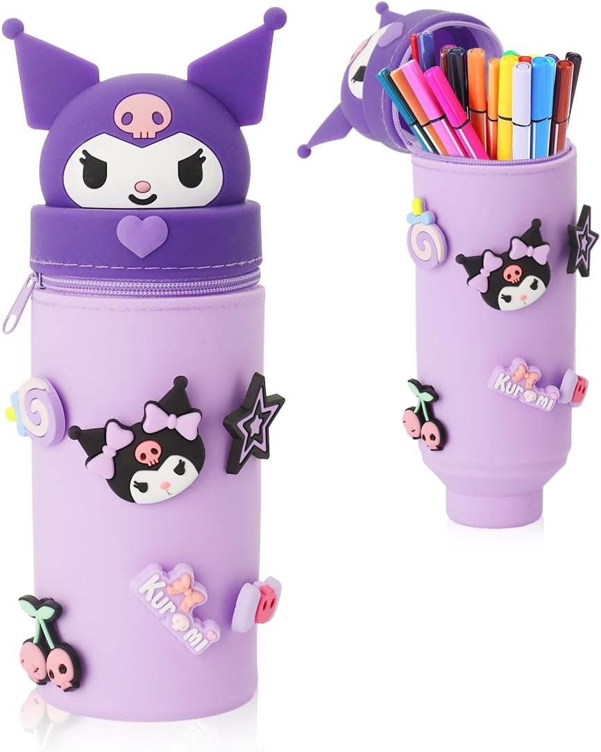 Kawaii Pencil Pouch Pen Holder For Girls Sanrio Cartoon Kuromi Silicone Pencil Pouch Diy Fun Pen Holder With Kuromi Charms School Stationeries Bag Birthday Gift Christmas Gift For Girls, purple