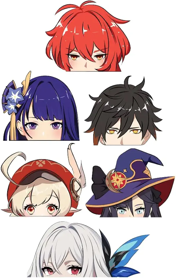 Genshin Pack 6 mini adesivos Peeker Anime Mangá Decalques Adesivos, Ideal para Carros, Laptop, Skate, Decoração de Parede, Resistente a UV 5 cm x 3 cm