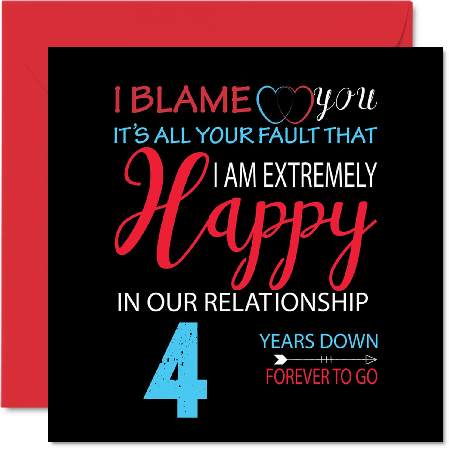 Funny Fruit or Flowers Anniversary Card for Husband Wife - Your Fault I'm Extremely Happy - Happy 4th Wedding Anniversary Card for Partner, 145mm x 145mm Greeting Cards for Fourth Anniversaries