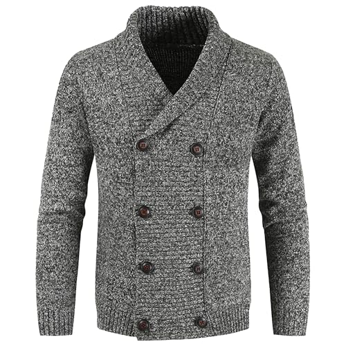 Mens Lapel Double Breasted Cardigan Shawl Collar Cable Knit Fall Sweater Knitted Textured with Buttons for Men