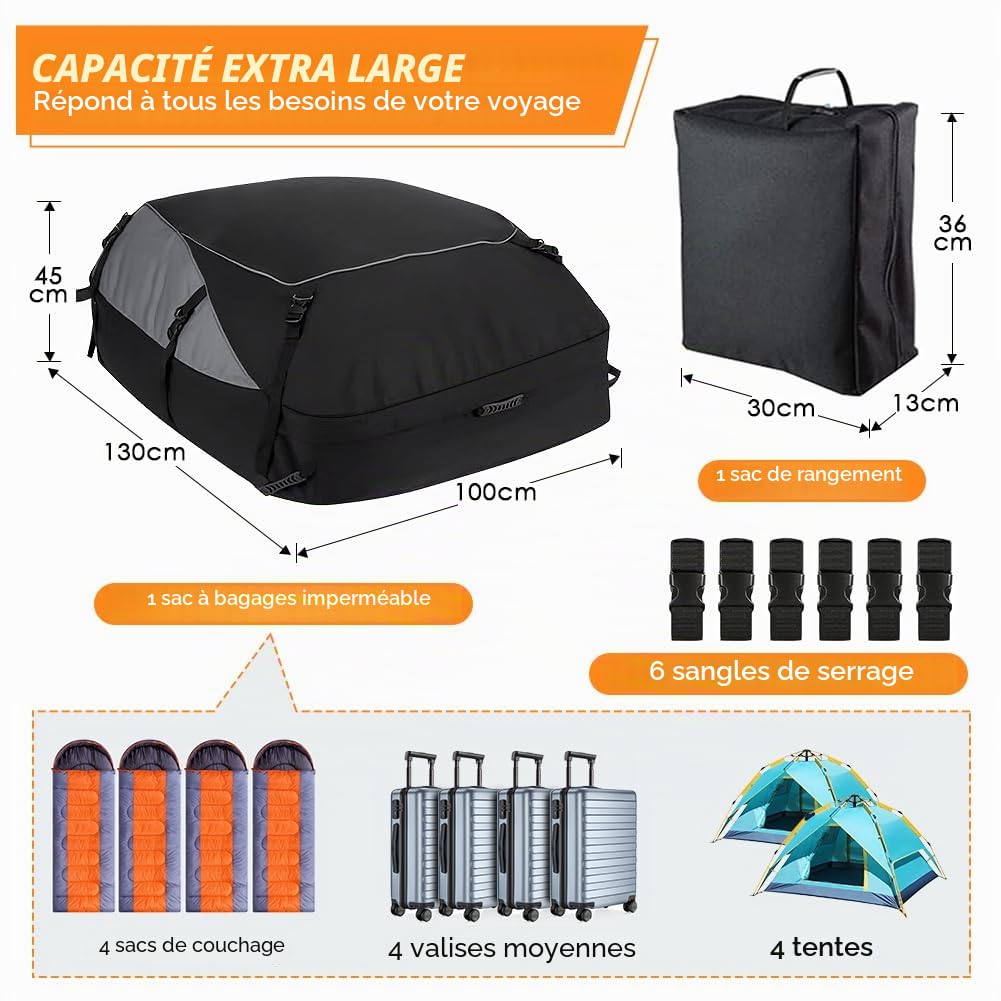 Coffre de toit pour voiture 595 L Pliable Étanche Sac de toit Boîte de rangement avec 6 boucles de renforcement pour véhicules avec/sans porte-bagages Transport de bagages, fourgonnettes, SUV