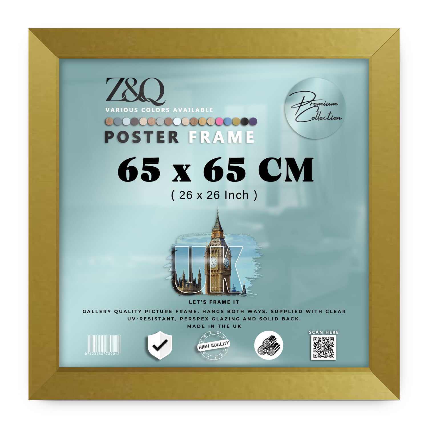 Z&Q | Elegant MDF Picture Frame (65 x 65 CM) Premium Wood Finish, Home & Office Use 26" x 26" Sturdy Wall Mount, 650 x 650 mm [ Gold ]