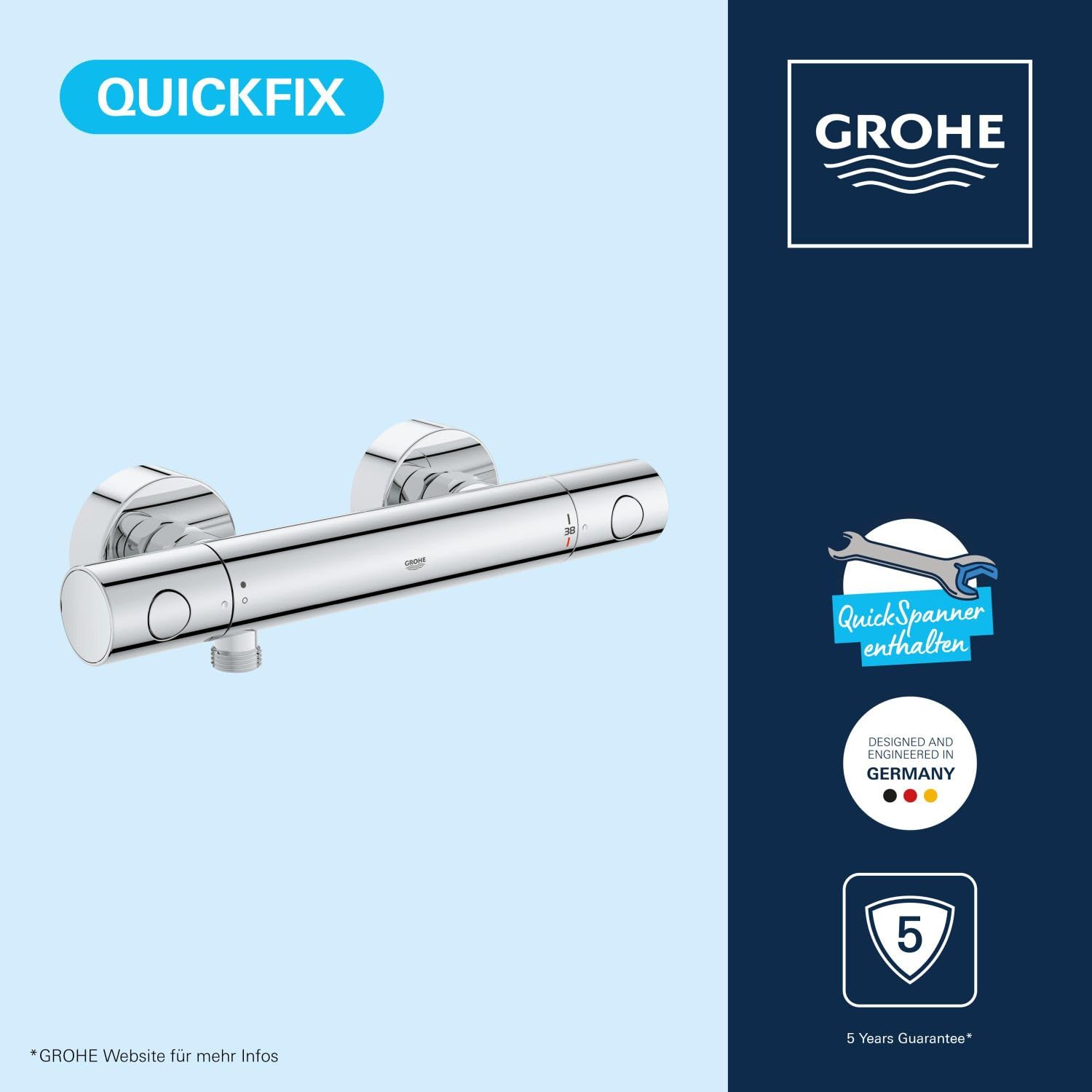 GROHE Precision Get, Duscharmatur, wassersparend (Thermostat für stets konstante Temperatur, Verbrühschutz bei 38°C, Mischbatterie Dusche mit Wasserspartaste und Metallgriffen), chrom, 34773000