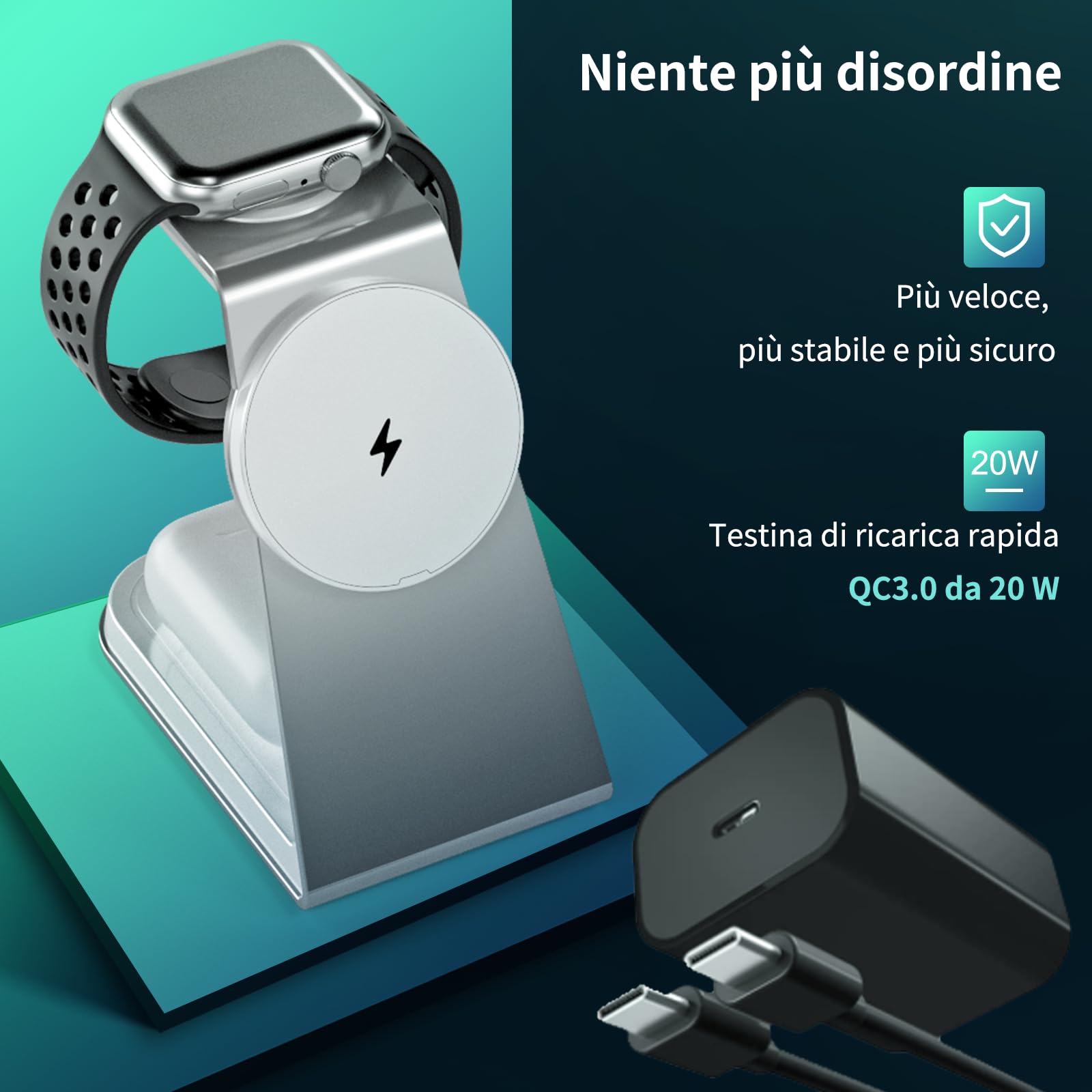 Oramkyo Caricatore Wireless Stazione, Caricatore wireless 3 in 1, 15W Ricarica Wireless Charger Stand per iPhon serie 15/14/13/12, Serie iWath, Airpod 3/2/Pro(20W Adattatore)