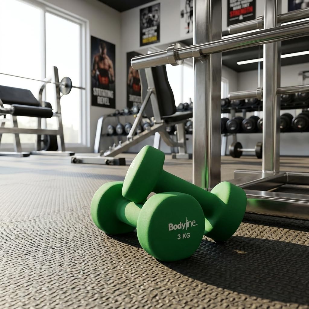 Bodyline Coppia Manubri In Ghisa E Neoprene Antiscivolo 3 Kg | Pesi Fitness Verdi Per Allenamento Braccia, Tonificazione E Home Gym