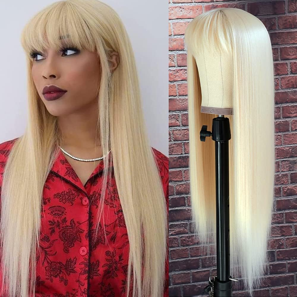 #613 Blonde Long Straight Synthetic Hair Wigs with Bangs Women's Costume Wig Heat Resistant Hair Replacement Wig