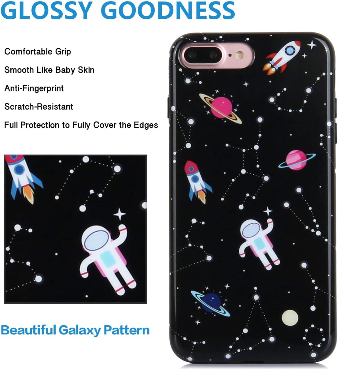 iPhone 8 Plus iPhone 7 Plus Case Cute Floral Fun Glossy Galaxy Black Pattern IMD Hybrid Hard TPU Back Cover Shockproof Protective Fun Phone Cases for Women Girls Men Boys[5.5"]