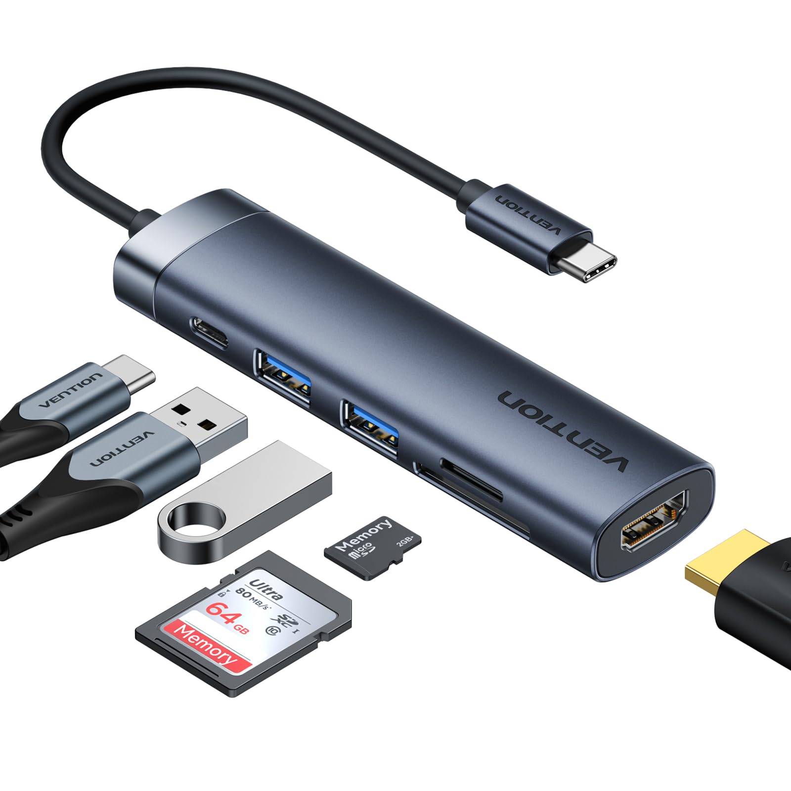 VENTION Hub USB C PD 100W, 6 in 1 Docking Station, HDMI 4K@30HZ, Porte di Trasferimento Dati USB A 3.0, Lettore di Schede SD/Micro SD, Compatibile per MacBook Pro, Air/Dell/Lenovo/HP