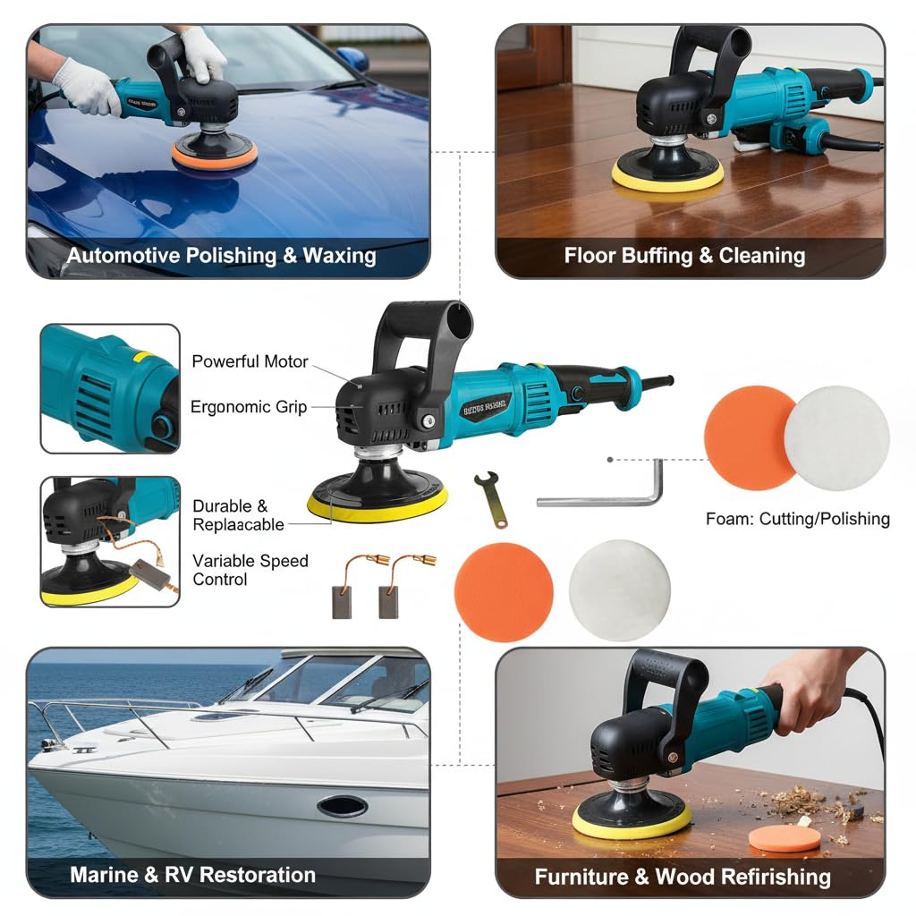 Lucidatrice Auto,980W lucidatrice per auto 5800 Giri/min, lucidatrice rotorbitale,6 Velocità Regolabili,2*Spugne Lucidanti Impugnatura D staccabile per Auto,Lucidatura di Pavimenti e cera