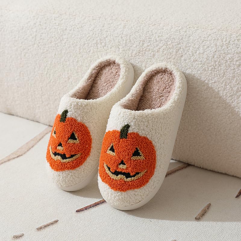 Halloween Pumpkin Slippers for Women Cozy Spooky Slides Cute Soft Plush Fuzzy House Slippers for Indoor Outdoor Shoes3