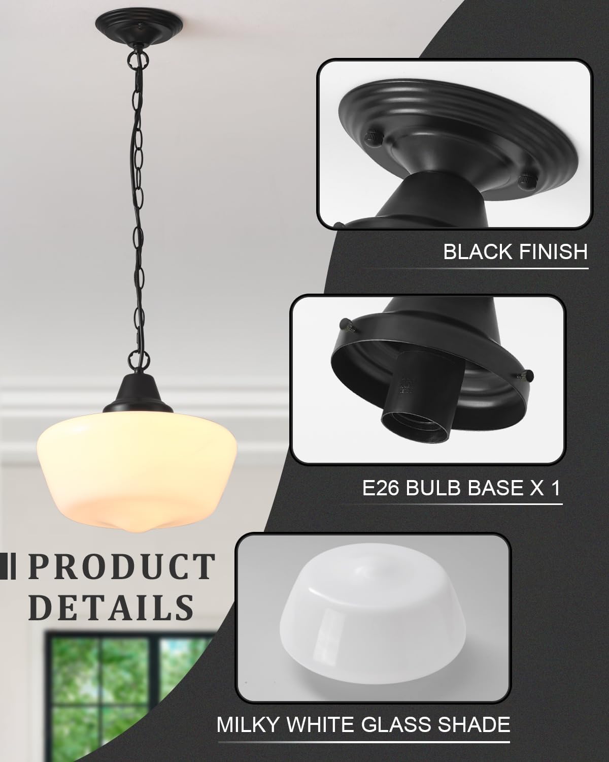 Schoolhouse Pendant Fixture, 12 Inch Black Finish with Milk Glass Adjustable Mid Century Ceiling Pendant Lighting, Pendant Light Fixtures for Kitchen Hallway Entrywa Dining Room