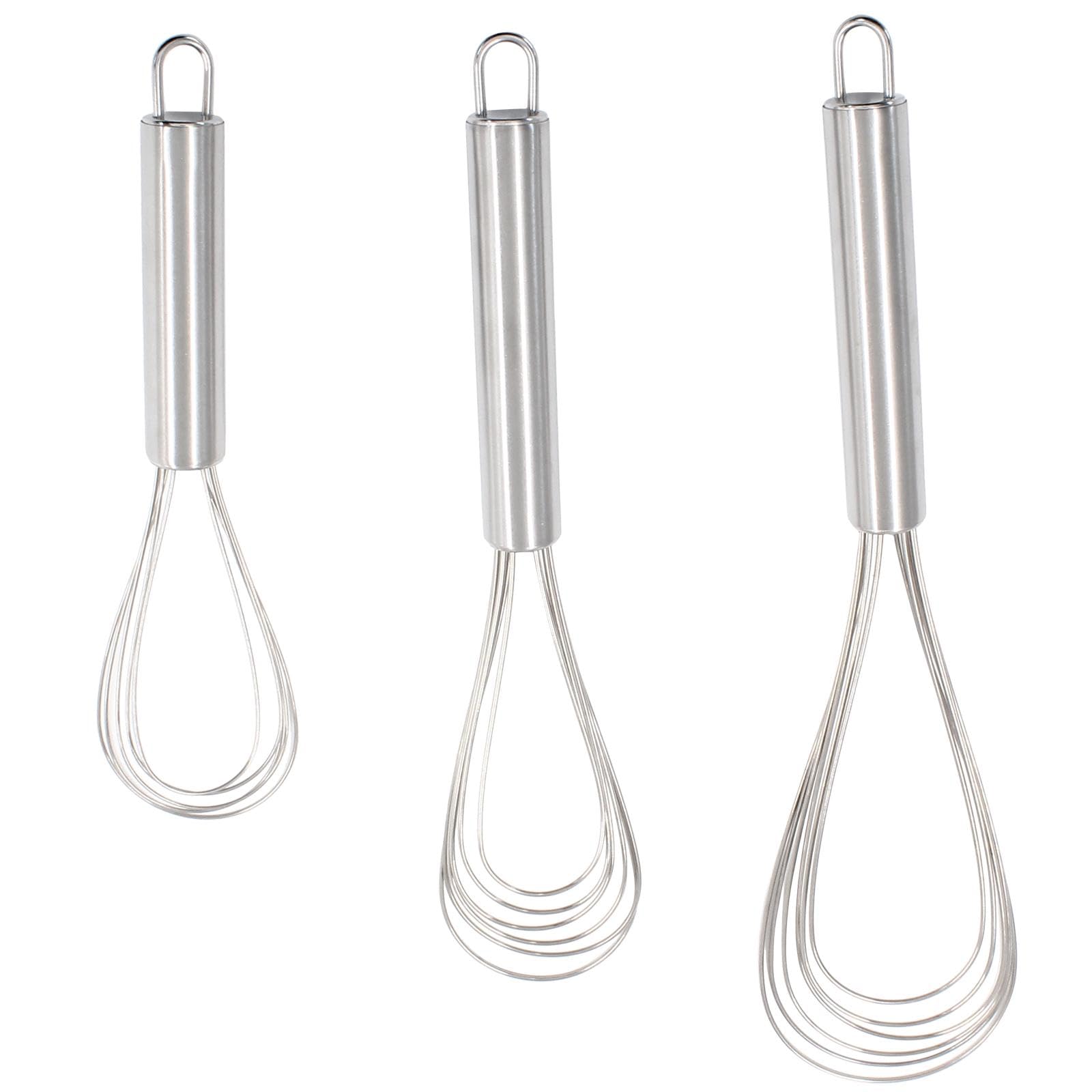 Verkelly 3 Pcs Kitchen Flat Whisk Set, Stainless Steel Egg Whisk Flat Wire Whisk 6 Wires Egg Mixing Whisk(6.73 Inch,10.11 Inch,10.51 Inch)