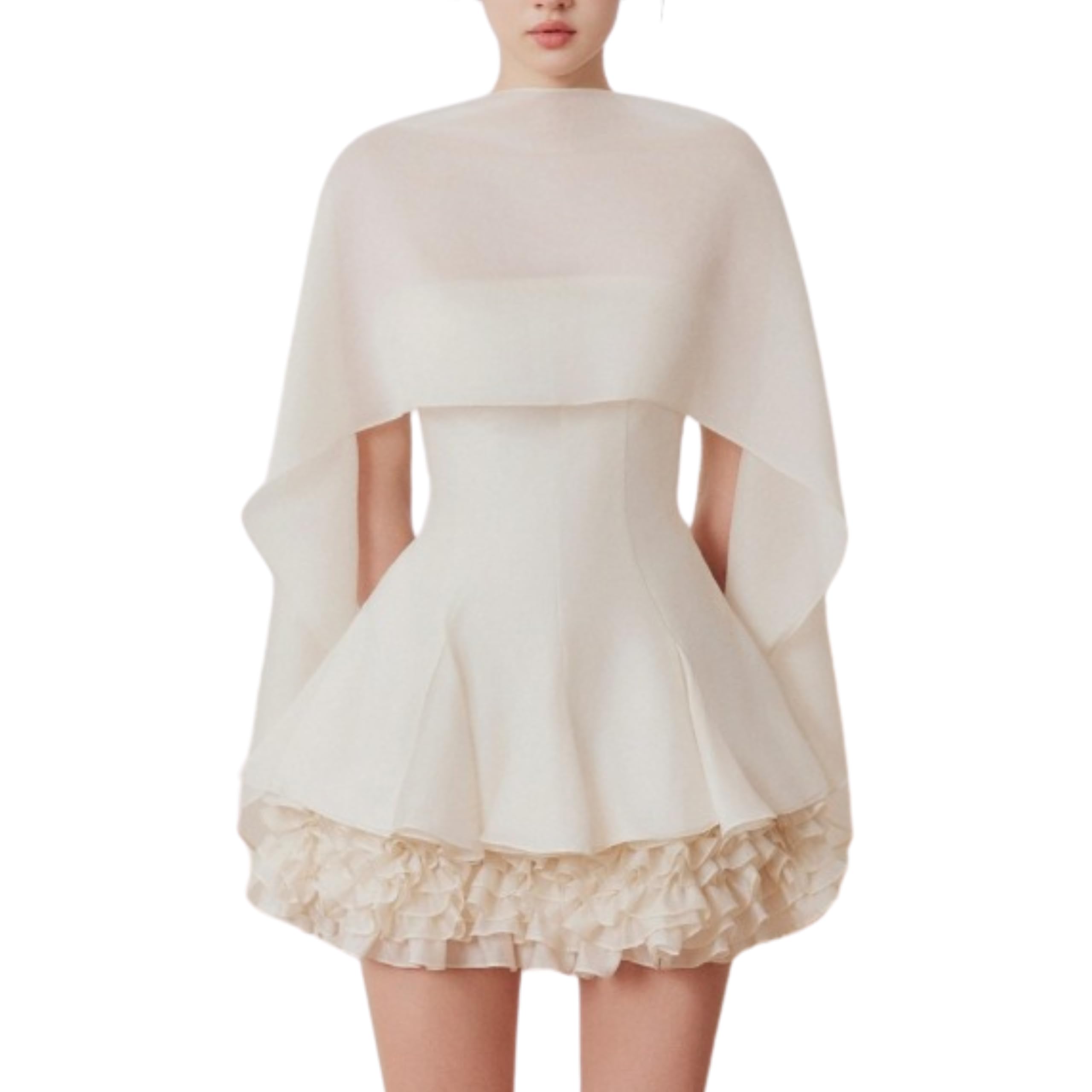 Womens 2026 Natali Dress with Sheer Cape High Neckline Fitted Mini Hem Ideal for Dating and Parties
