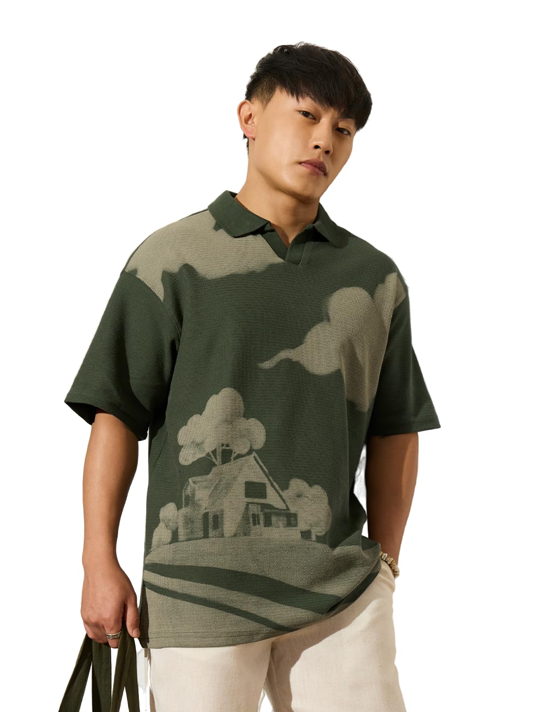 Oversized Polo: House Men and Boys Short Sleeve Polo Neck Dark Green Graphic Printed Cotton Oversized Fit Breathable Textured Summer Streetwear Casual Everyday Trendy Polos-image-4