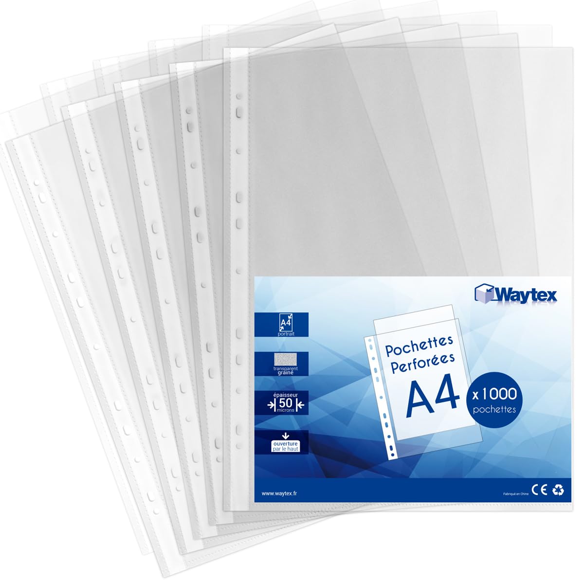 Lote de 1000 fundas de plástico para archivador A4-50 micras, fundas perforadas transparentes granuladas, antirreflectantes, 11 agujeros, capacidad de 20 hojas