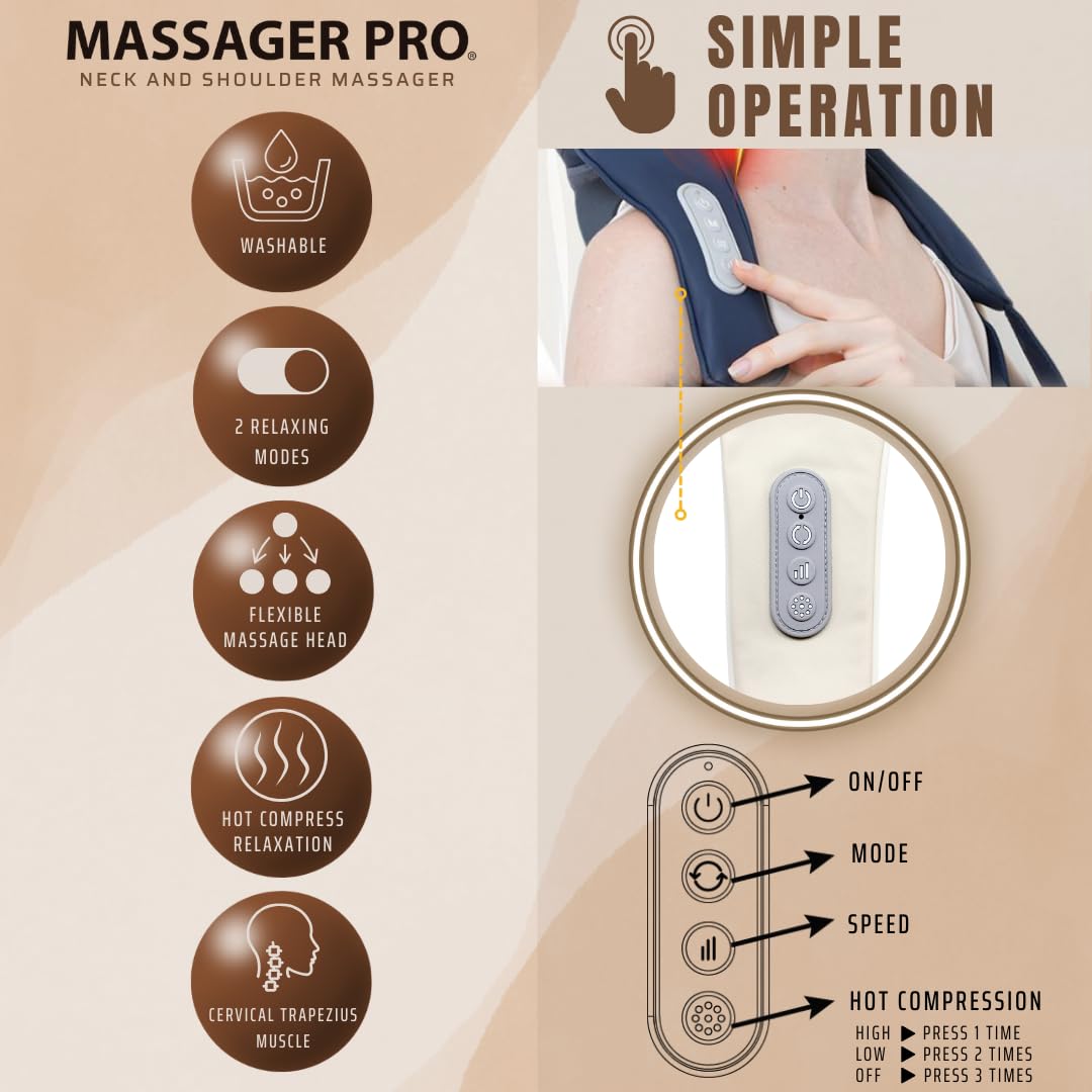 Masajeador de Cuello y Hombros Massager Pro, Función de Calefacción, Masajeador Cervical, Alivia tensiones y dolores en el cuello, hombros, 3 velocidades, Inalámbrico y recargable
