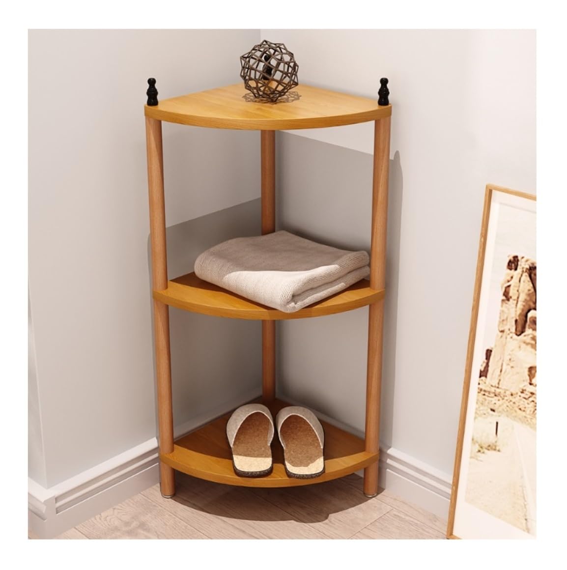 Scaffale angolare a 3 ripiani per piante e libri, organizer salvaspazio in legno per soggiorno, bagno, cucina, ideale per piccoli spazi