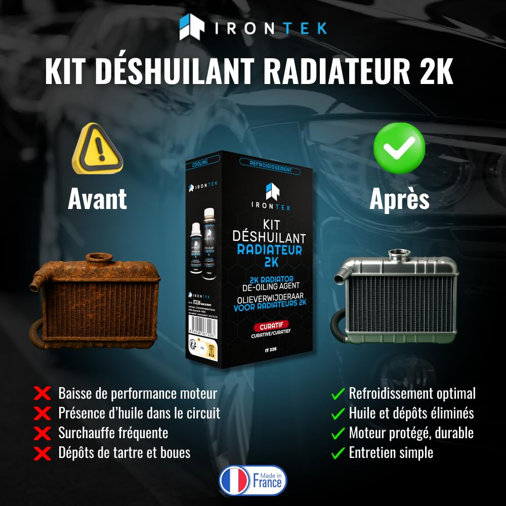 Déshuilant Radiateur 2K Curatif 2x150ml - IRONTEK | IT226 | Bi-Composant | Élimine Huile Boues Tartre | sans Démontage | Nettoyage Complet Système Refroidissement