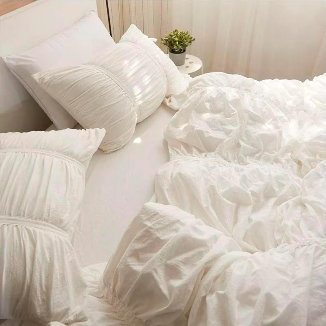 BedDecor 1 Piece Ruched Pattern Duvet Cover with Zipper & Corner Ties 100% Egyptian Cotton 500 Thread Count Premium Hotel Quality Decorative Bedding (White,King/California King)