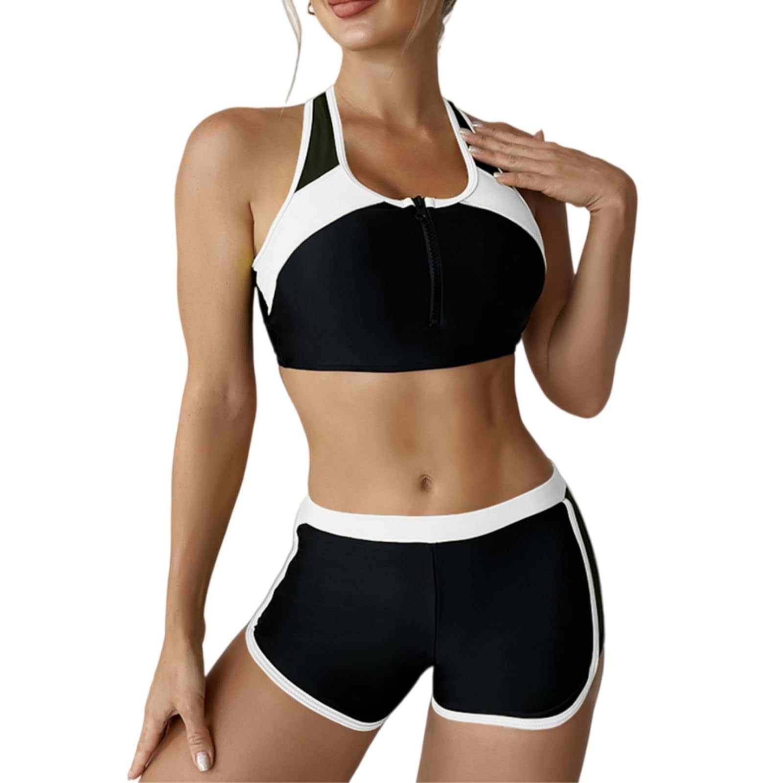 Bikini Donna Colore Set con Shorts Zipper Sport Costume da Bagno-White-XXL