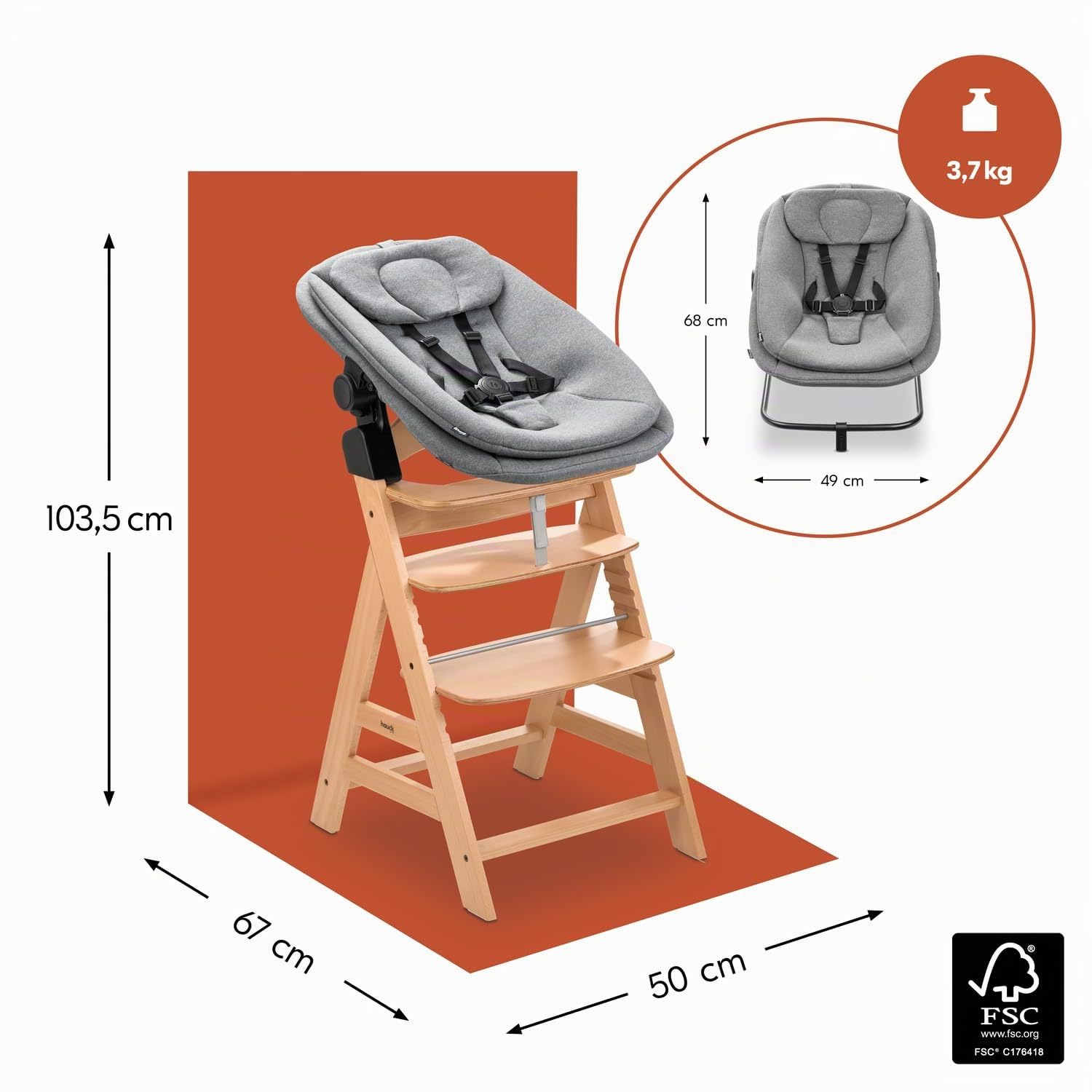 hauck Alpha Start N Grow Set Trona de Bebé de Madera, Natural Dark Grey | Desde el nacimiento hasta 90 kg, incluye hamaca 3 en 1 con funda de muselina, reductor, cojín y bandeja