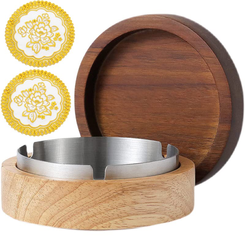 Wooden Ashtray for Smokers - Cool Ash tray with Stainless Steel Liner Portable Decorative Ashtray Windproof Ashtray with 2 Insulated Coaster for Home, Office, Patio, Outdoor Indoor Gift for Smokers