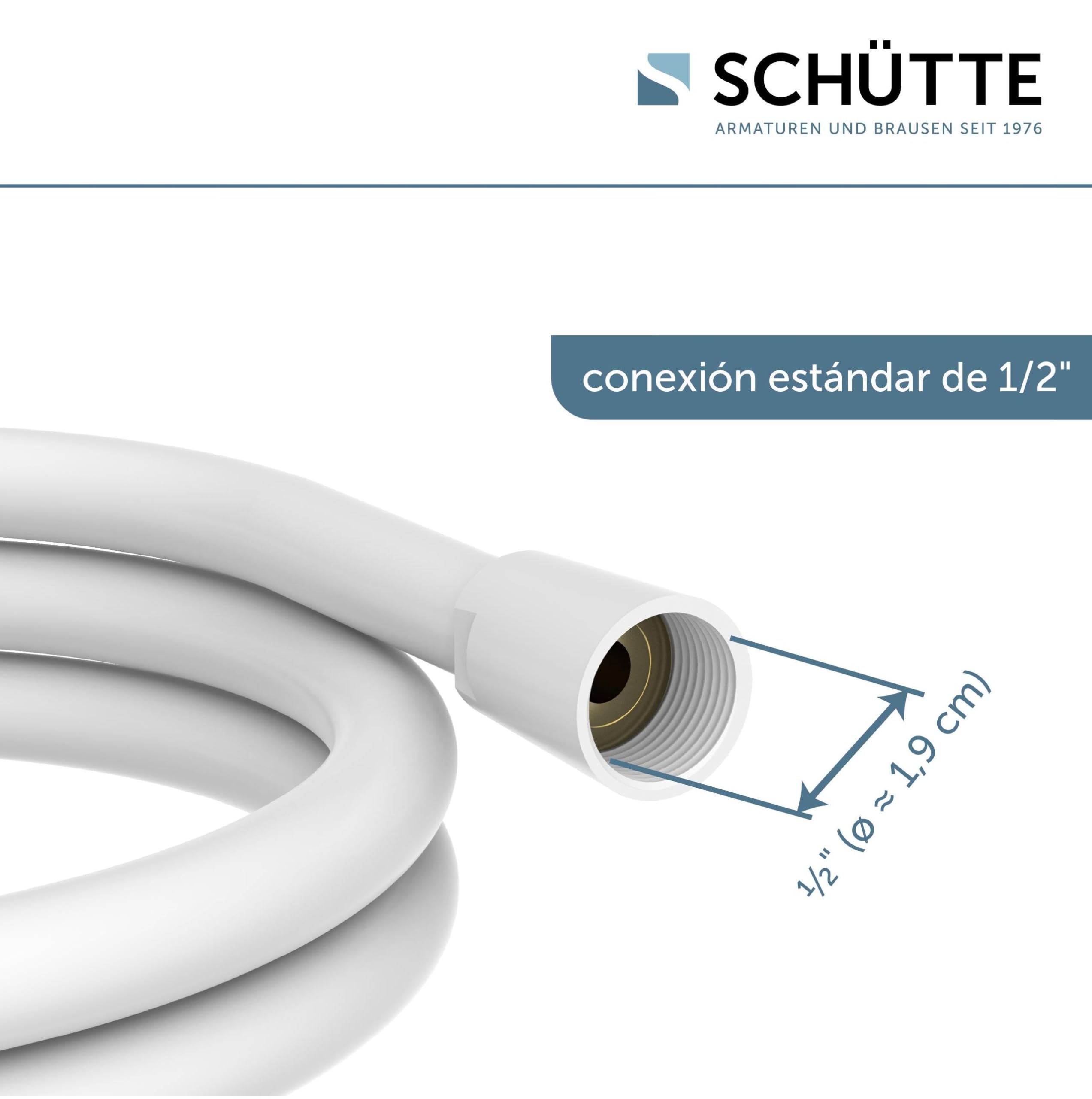 SCHÜTTE Manguera de ducha de 1,5 m, manguera de ducha con protección antitorsión, 150 cm de longitud, de plástico, manguera para cabezal de ducha con conexión universal, color blanco