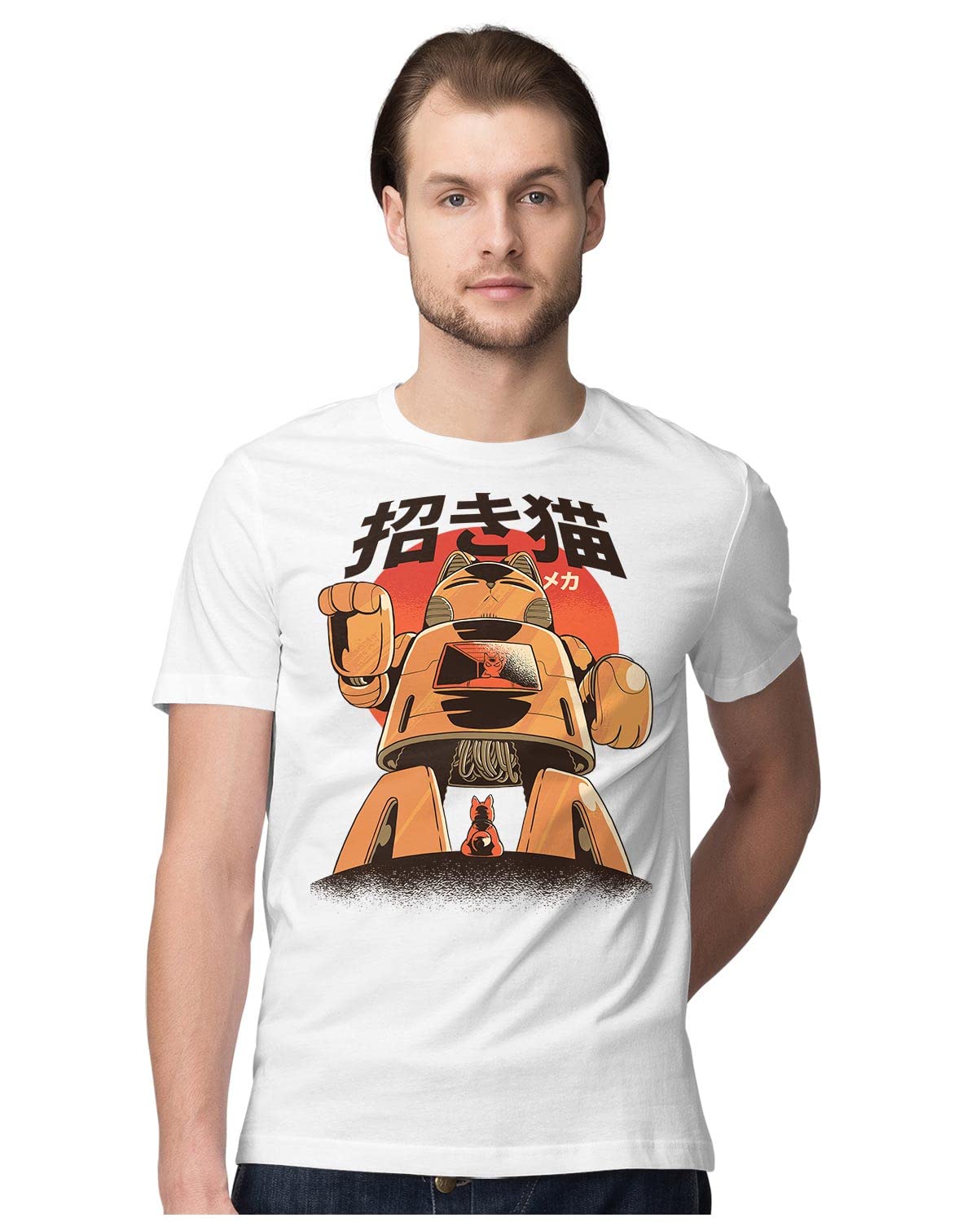 HeybrohMen's Regular Fit T-Shirt Cat Mecha Robot - Anime 100% Cotton T-Shirt