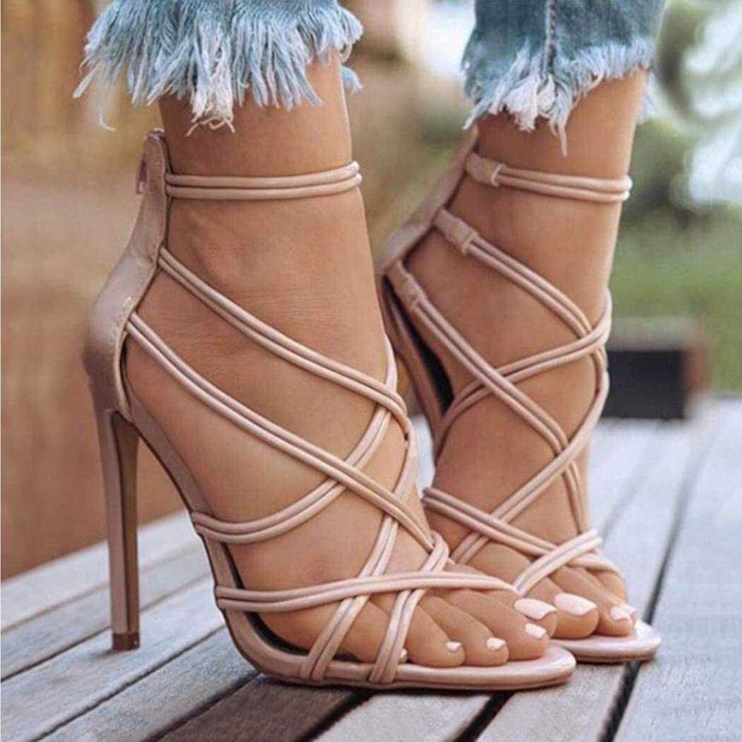 Sandalias con Cordones para Mujer Sandalias de Tacón Stiletto Sexy Abiertas Punta Abierta Tacón Alto Zapato con Correas Cruzadas,1,43CN