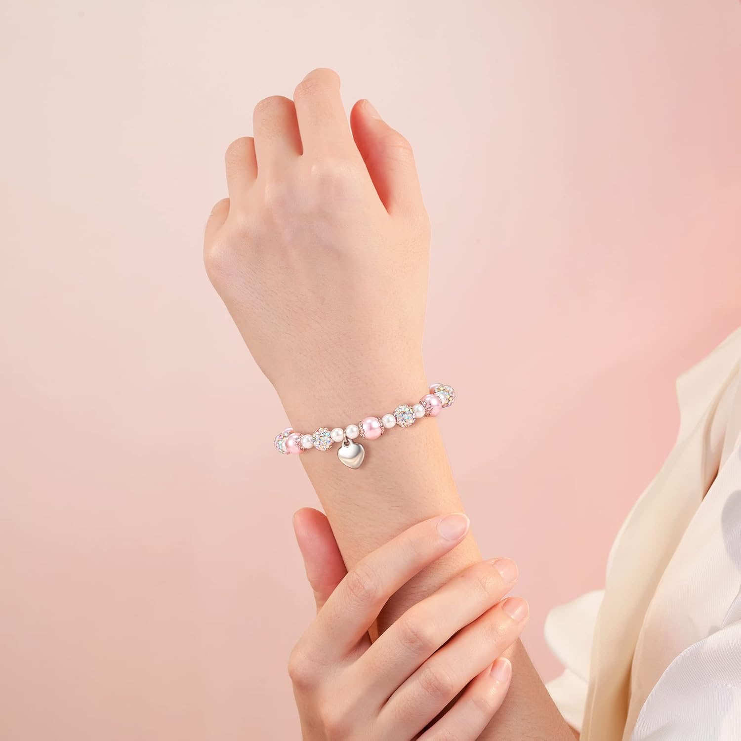 2026 Graduation Gifts | Heart Bracelet for Daughter/Granddaughter/Niece | Pink Pearl and Rhinestone Balls Bracelet | Adjustable Length from 4-10 inches