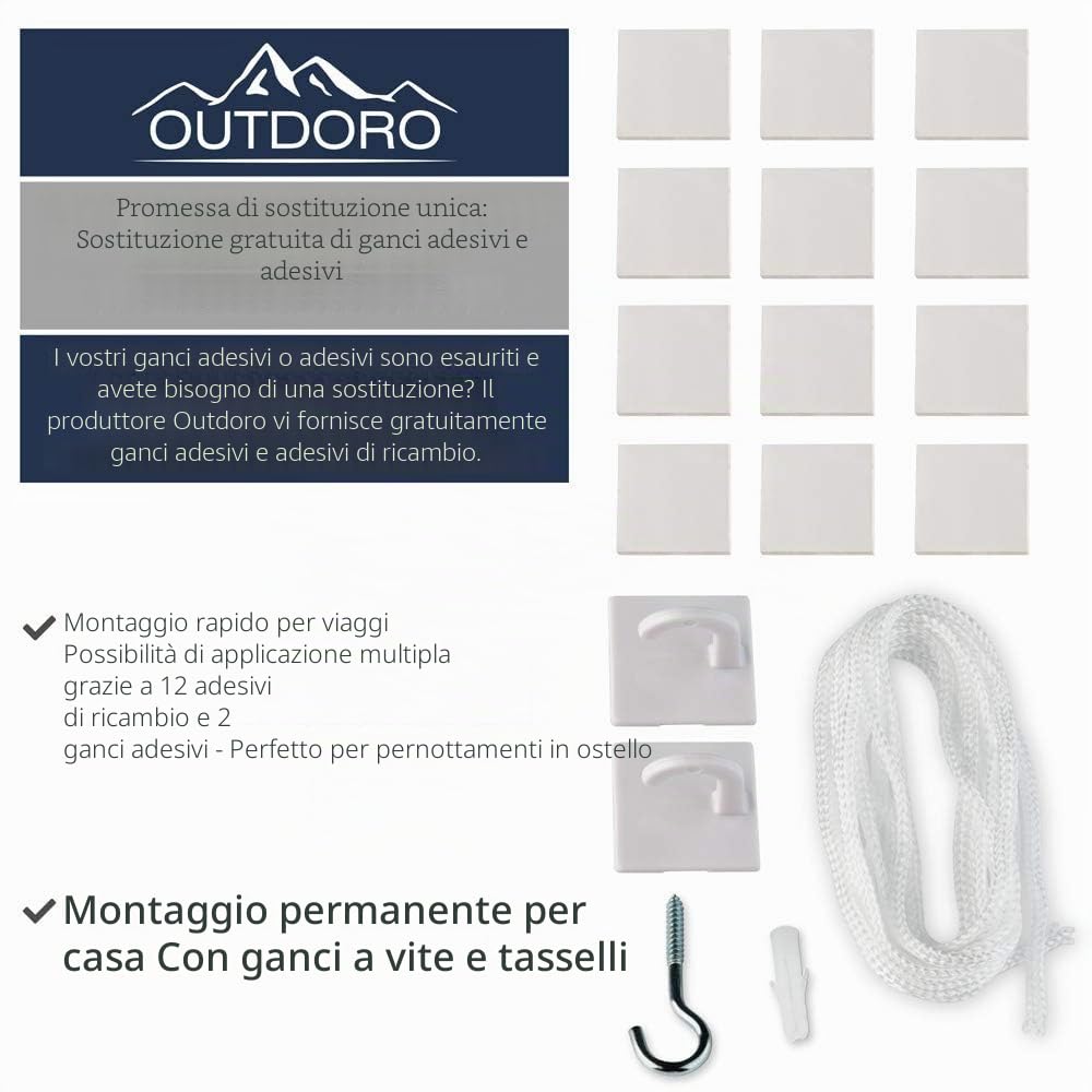 Outdoro Zanzariera da viaggio con gancio adesivo – Extra grande per letto matrimoniale e letto singolo - Zanzariera baldacchino