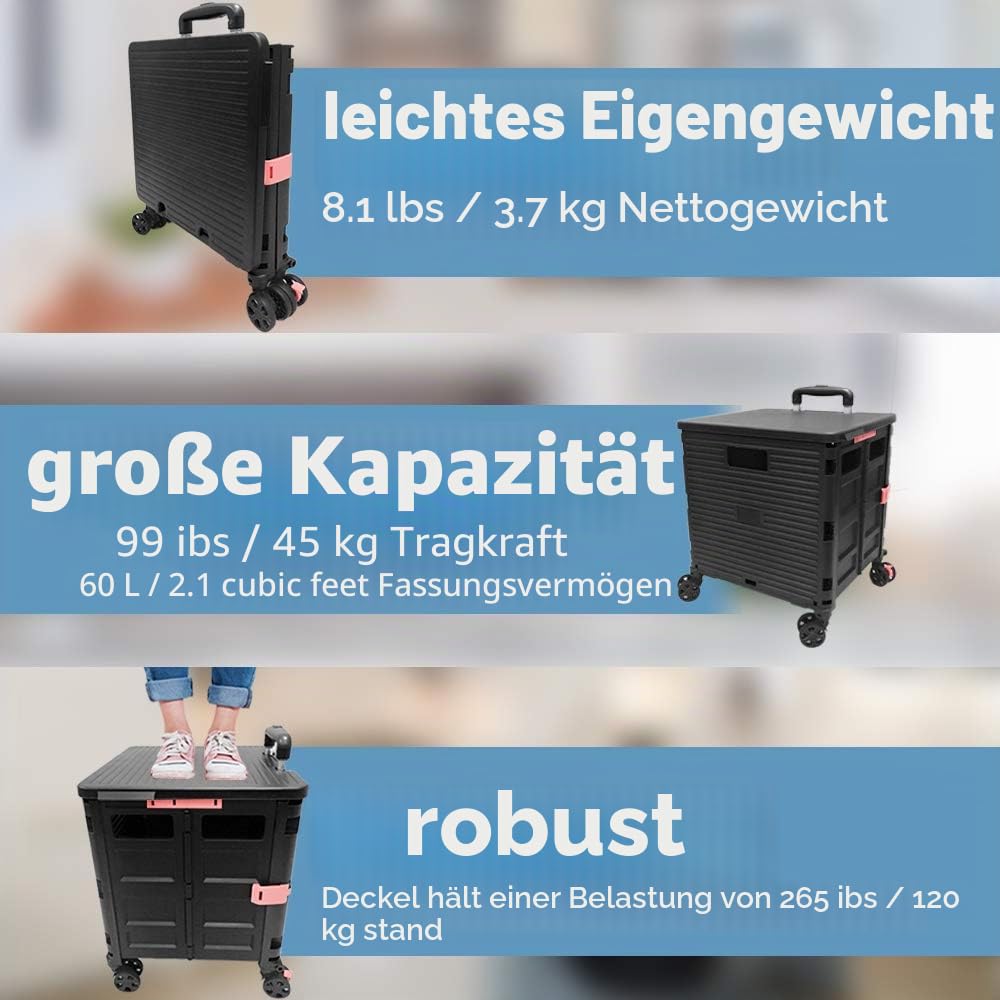 Faltbare Einkaufstrolley-Box auf Rädern mit Deckel, verschleißfester, geräuschloser 360 ° -Drehung und verstellbarem Kofferraumwagen aus Aluminiumlegierung, Tragkraft 45 kg Tragbarer langlebiger