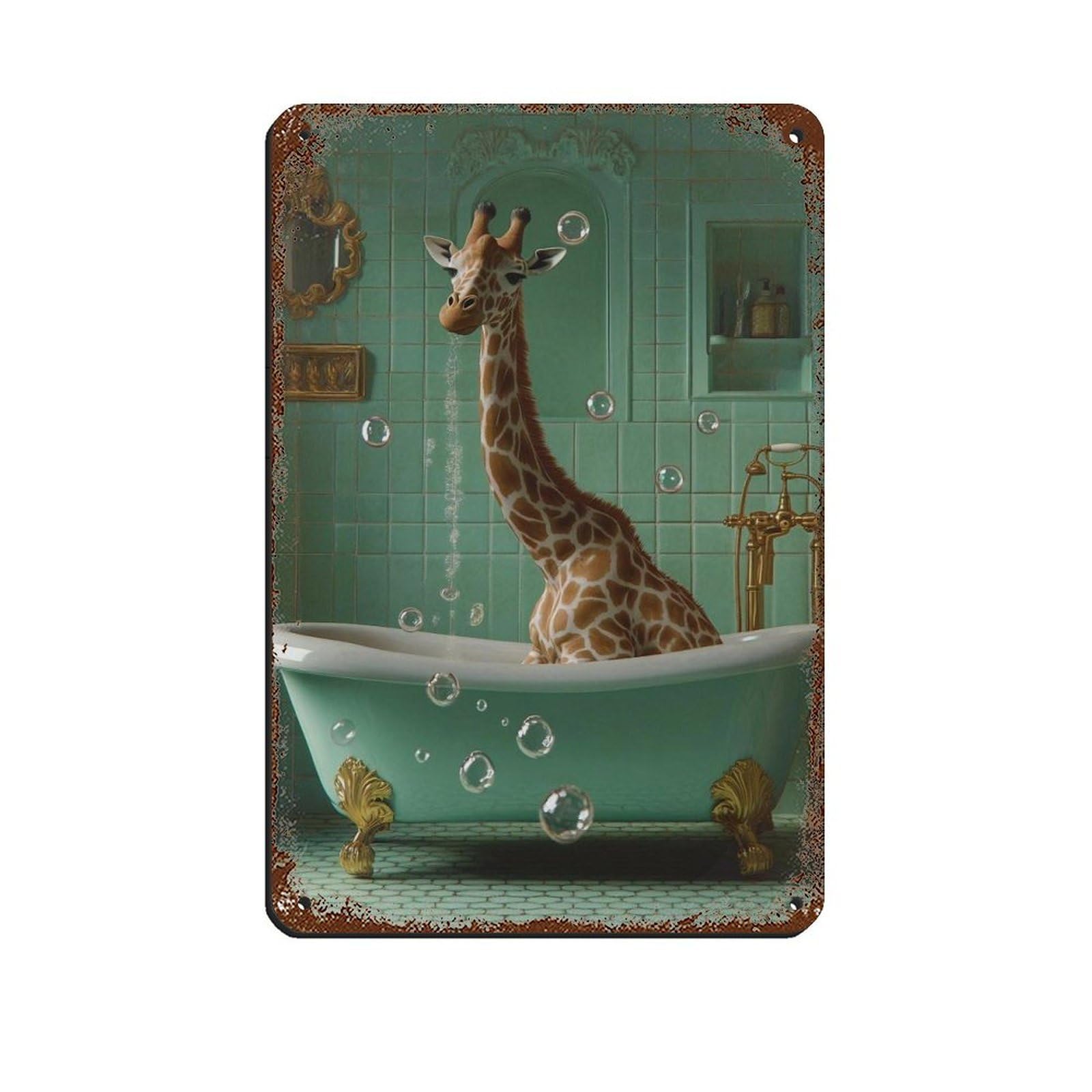 Giraffe in Bathtub Quirky,Fun Animal Retro Poster Metal Tin Sign Chic Art Retro Iron Painting Bar People Cave Cafe Family Garage Poster Wall Decoration 8x12inch(20x30cm)