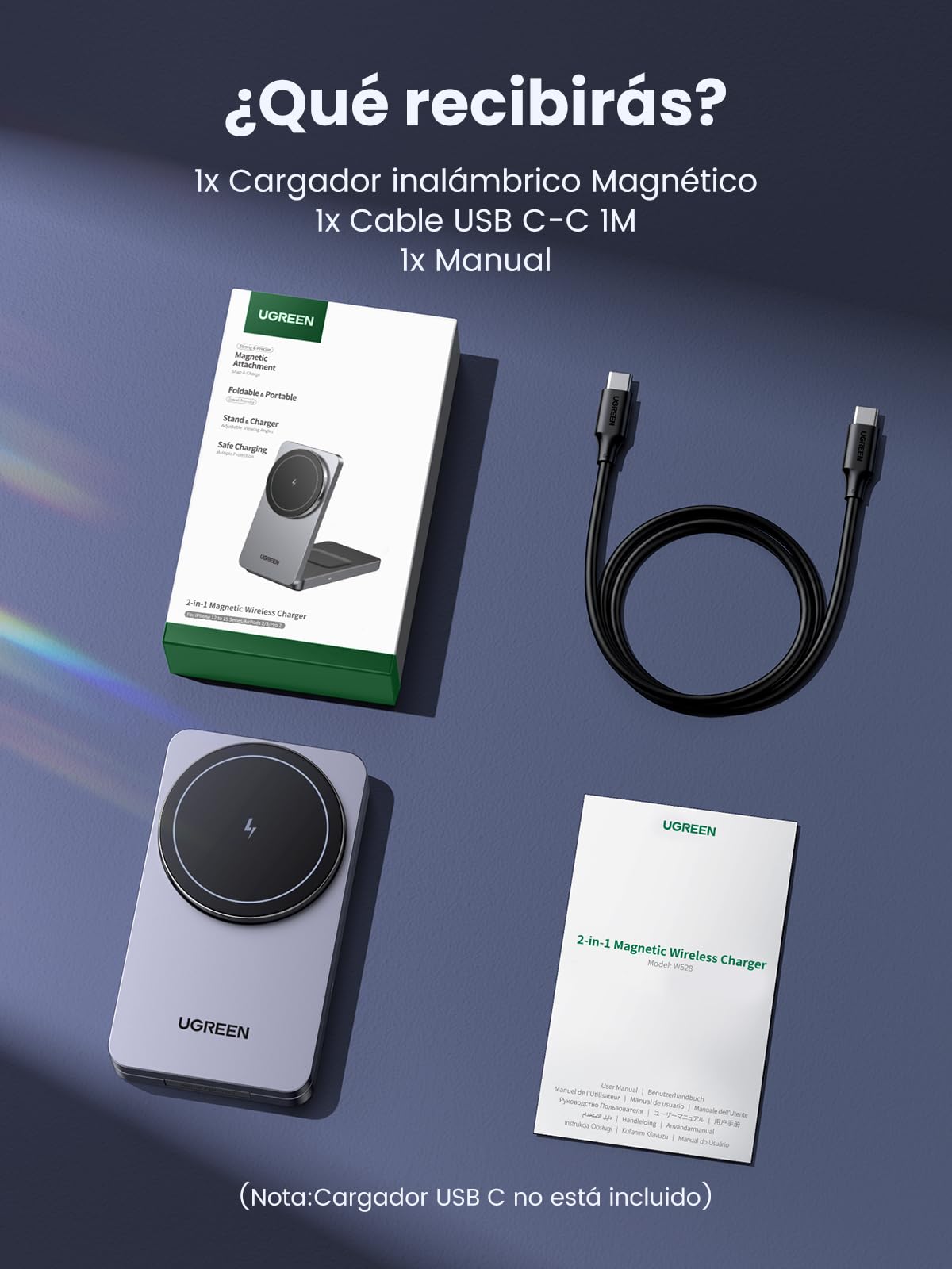UGREEN MagFlow Cargador Inalámbrico, Estación de Carga 2 en 1 Magnética, Compatible con iPhone 16/15/14/13/12 Series, AirPods Pro 2/3